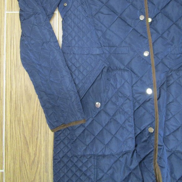 Zara Navy Quilted Puffer Jacket with Brown Trim - Picture 4 of 13